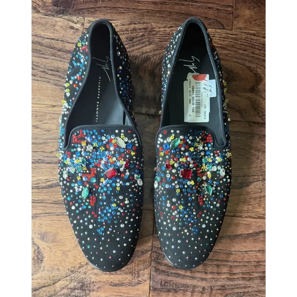 $1550 NEW Giuseppe Zanotti Men's Black Multi Color Slip On Crystal Loafers 7(40)